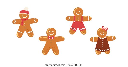 Set of gingerbread men and woman traditional winter or holiday homemade dessert.Vector illustration on white background in cartoon style