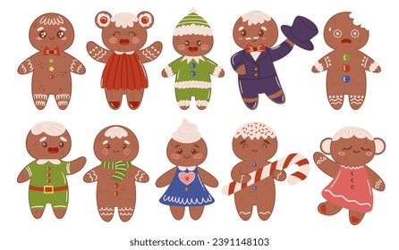 Set of Gingerbread Men and Women. Delectable Cookies In Various Shapes, Icing, And Colorful Candy Decorations For Fun, Festive, And Tasty Holiday Baking And Decorating. Cartoon Vector Illustration