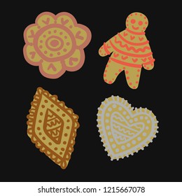 Set of gingerbread pastry, coockies. Man, Heart flower Cosy Hygge Sweet Design Vector Isolated Elements. Perfect for greeting cards, invitation, decoration, holiday cards. Hand Drawn Cartoon Style.