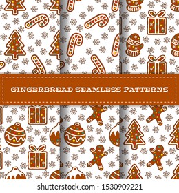 Set of gingerbread seamless patterns with fir tree, mittens, gift box, hat, candy stick bell, gingerman, christmas toy. Vector illustration