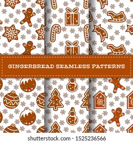 Set of gingerbread seamless patterns with snowflake, gingerman, candy stick, comet, gift box, fir tree, snowman, sleigh, gingerhouse, christmas toy. Vector illustration