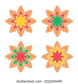 Set of gingerbread snowflake cookies. Color vector illustration. Isolated on white background.