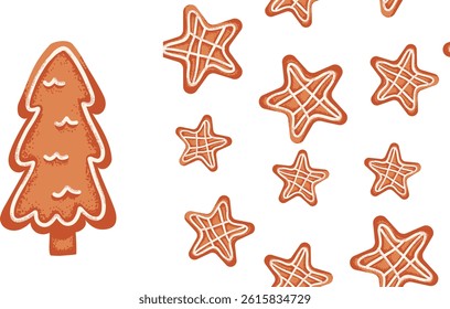 Set of  gingerbread star cookie seamless pattern and Christmas tree. Print for holiday pajama