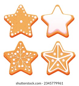 Set gingerbread star with glaze, icing decoration top view in cartoon style isolated on white. Christmas, winter holiday cookie, sweet traditional dessert.
