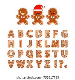 Set Gingerbread vector Alphabet. Christmas gingerbread letters with glaze. Cute cartoon Alphabet.