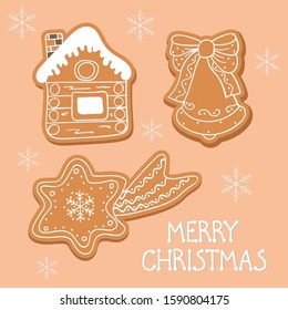 Set of gingerbread:Christmas star, home, the bell with the bow.Color vector illustration.Design elements for the winter holidays, textile, gift card.