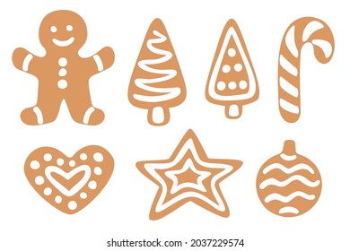 Lebkuchen in verschiedenen Formen: Stern, Weihnachtsbaum, Herz, Lebkuchenmann, Süßigkeiten, Ball. handgezeichnete Vektorelemente einzeln auf weißem Hintergrund.