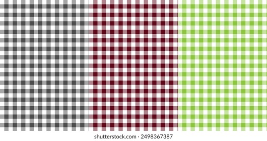 Set of gingham patterns with green, grey, bordo colors