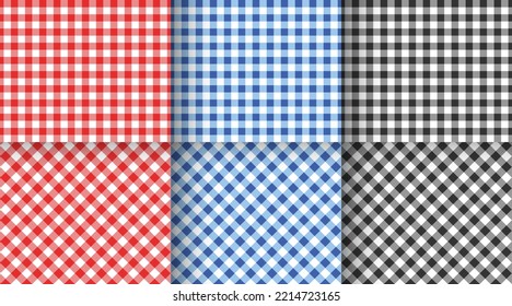 Set of gingham seamless patterns. Red, blue, black and white checkered vichy textures for Easter or Christmas picnic blanket, tablecloth, plaid. Fabric geometric backgrounds. Vector flat illustration