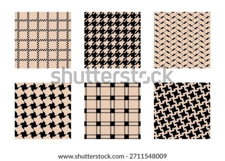 Set of gingham and tartan, houndstooth and pepita, keffiyeh and shemagh patterns. Plaid, scarf or neckerchief fabric prints. Classical tweed or flannel textile ornaments. Vector graphic illustration.