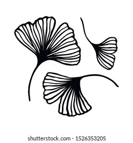 Set of Ginkgo biloba leaf hand drawn contour line. Vector Floral art in a Trendy Minimalist Style. For the design of Logos, Invitations, posters, Postcards, prints on t-Shirts.