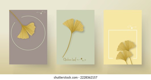 Set Ginkgo biloba leaves. Hand drawing elements for logo wedding cards, cosmetics, tattoo, spa, jewelry, yoga design. Vector illustration in a minimal linear style, banner, template, background
