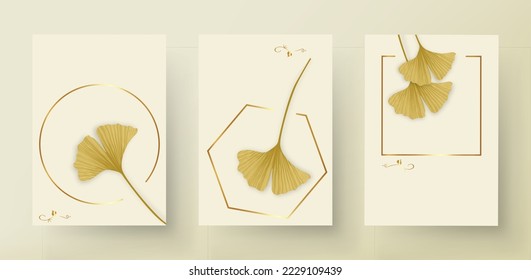 Set Ginkgo Biloba Blätter. Luxuriöse handgezeichnete Elemente für Logo Hochzeitskarten, Kosmetik, Spa, Schmuck, Yoga Design. Vektorgrafik in minimalem, linearem Goldstil