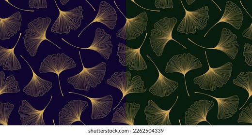 Set of Ginkgo Biloba Leaves Seamless Vector Patterns. Gold Ginkgo Biloba Leaves on Navy Blue Background. Gold Ginkgo Biloba Leaves on Dark Green Background. Foliage seamless pattern.