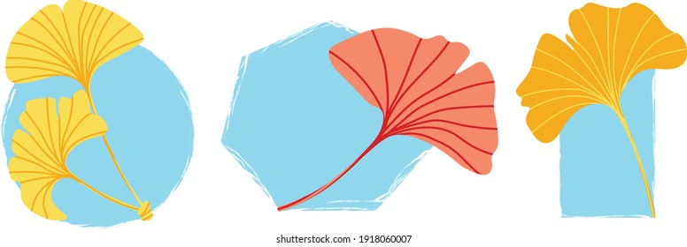 A set of ginkgo leaves on a background of different geometric shapes in blue. Leaves in golden hues. Simple vector printable illustration. Suitable for decorating stories, manicure. Round icons. 