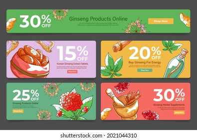 Set of ginseng product online horizontal landing page vector illustration. Collection of internet advertising website user interface of legendary Korean root and herbs medical supplements