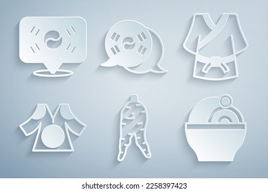 Establezca la raíz de Ginseng, Kimono, Ramen, bandera de Corea del Sur e icono de ubicación. Vector