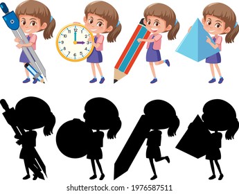 Set of a gir holding different math tools with silhouette illustration