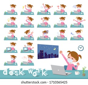 A set of gir lwearing mask on desk work.There are various actions such as feelings and fatigue.It's vector art so it's easy to edit.