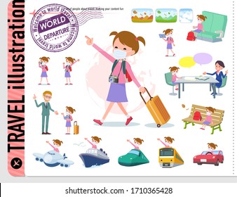 A set of gir lwearing mask on travel.There are also vehicles such as boats and airplanes.It's vector art so it's easy to edit.