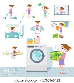 A set of gir lwearing mask related to housekeeping such as cleaning and laundry.There are various actions such as child rearing.It's vector art so it's easy to edit.