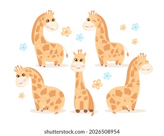 Set of giraffe. Collection of childrens pictures with animals. Characters for drawings of nature. Heroes for printing on babies clothes. Flat vector illustration isolated on white background
