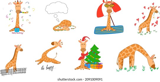 A set with a giraffe in different situations, isolated in the style of doodles.