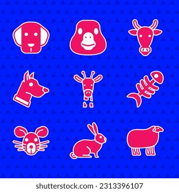 Set Giraffe head, Rabbit, Sheep, Fish skeleton, Rat, Dog, Cow and  icon. Vector