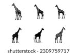 Set of giraffe icons in flat black color isolated on white background