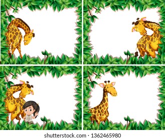 Set of giraffe in nature frame illustration