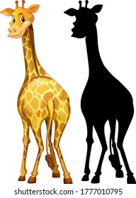 Set of giraffe and its silhouette illustration