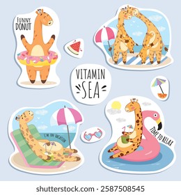 set of giraffe stickers, giraffes relaxing at sea, Africa, summer, heat, zoo, seagulls, clear sky, sea, family vacation, vacation stickers, travel agency, travel agency logo, beach, cocktail