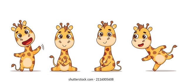 Set of giraffes in different poses, running, standing, sitting, waving. Vector illustration for designs, prints and patterns. Isolated on white background