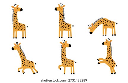 Un conjunto de jirafas en diferentes poses en un estilo simple e infantil. Una colección de Ilustraciones vectoriales planas. 