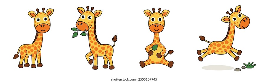 A set of giraffes. Giraffe cartoon, vector illustration. Giraffe clipart, isolated on white background. Cute safari animals. African animals.