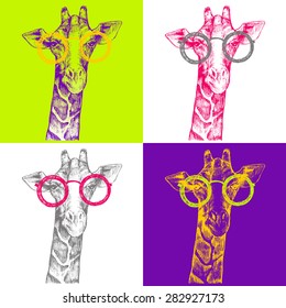 Set of giraffes in pop art style. Bright colors, hipster glasses. A sketch of a giraffe - intellectual. Retro Fashion