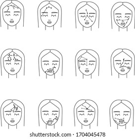 
set girl with acne in the form of all the zodiac constellations (Aries, Taurus, Gemini, Cancer, Leo, Virgo, Libra, Scorpio, Sagittarius, Capricorn, Aquarius, Pisces). Vector graphics