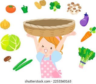 Set of girl in apron with basket and vegetables