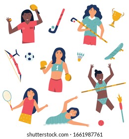 Set of girl athletes doing sport. Tennis player, swimmer, high jumper, boxer, hockey player. Sportsmen portraits, Vector illustration