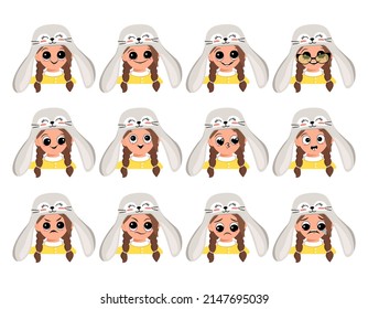 Set of girl avatar with big eyes and wide smile and different emotions in rabbit hat. Head of child with joyful face for holiday Easter, carnival costume for party. Vector flat illustration
