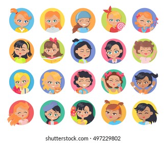 Set of girl avatar userpics buttons isolated. Collection of girls having leisure time. School girls during break. Group of kids having fun. Young ladies at playground. Daily activities. Vector