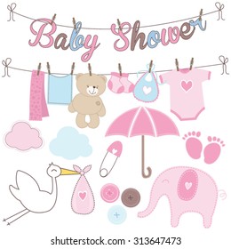 Set of girl baby shower elements