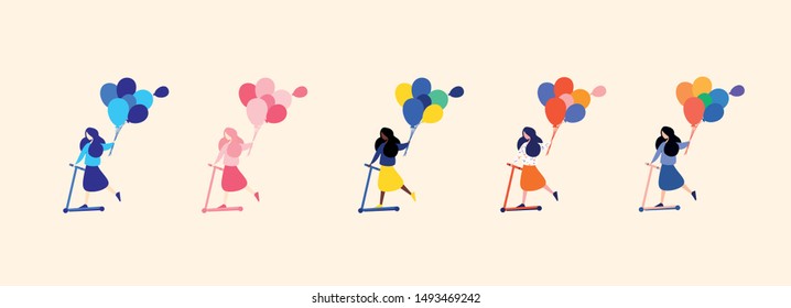 Set of girl with ballons on skater - vector-illustration-retro-lgbt flag