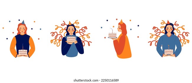 Set, Girl blow candle on birthday, makes a wish, cake, flat style isolated on the white background