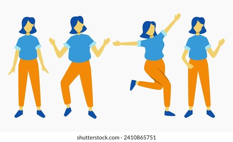 Set of girl with blue t-shirt and yellow pants standing in many position and expression. faceless full body figure design elements for corporate poster and banner.