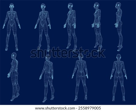 Set with a girl body wireframe from different sides. Polygonal girl consists of blue lines on a dark background. 3D. Vector illustration