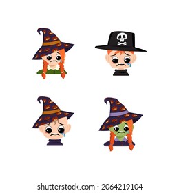 Set of girl, boy and baby with white and green skin, red hair, big eyes and depressive emotion, crying, tears face in pointed witch hat. Head of child with sad face. Halloween party decoration