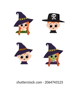 Set of girl, boy and baby with white and green skin, red hair, big eyes and wide happy smile in pointed witch hat with pumpkin. Head of child with joyful face. Halloween party decoration