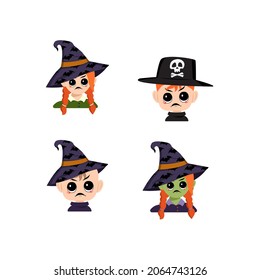 Set of girl, boy and baby with white and green skin, red hair, angry emotions, grumpy face, furious eyes in pointed witch hat. Head of child with furious expression in carnival costume for Halloween