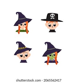 Set of girl, boy and baby with white and green skin, red hair, big heart eyes and kiss lips in pointed witch hat with scull. Head of child with joyful face. Halloween party decoration